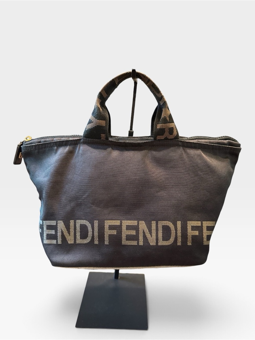 Fendi Authentic Vintage Logo Nylon Tote Bag in Black Gold Y2K